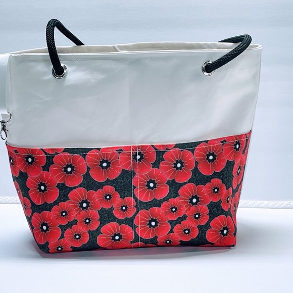 Recycled Sail Cloth Red Poppy Womens Shoulder Tote Bag Handmade - Picture 2 of 7